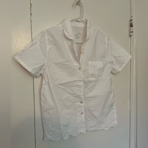 White Short Sleeve Eyelet Button Up